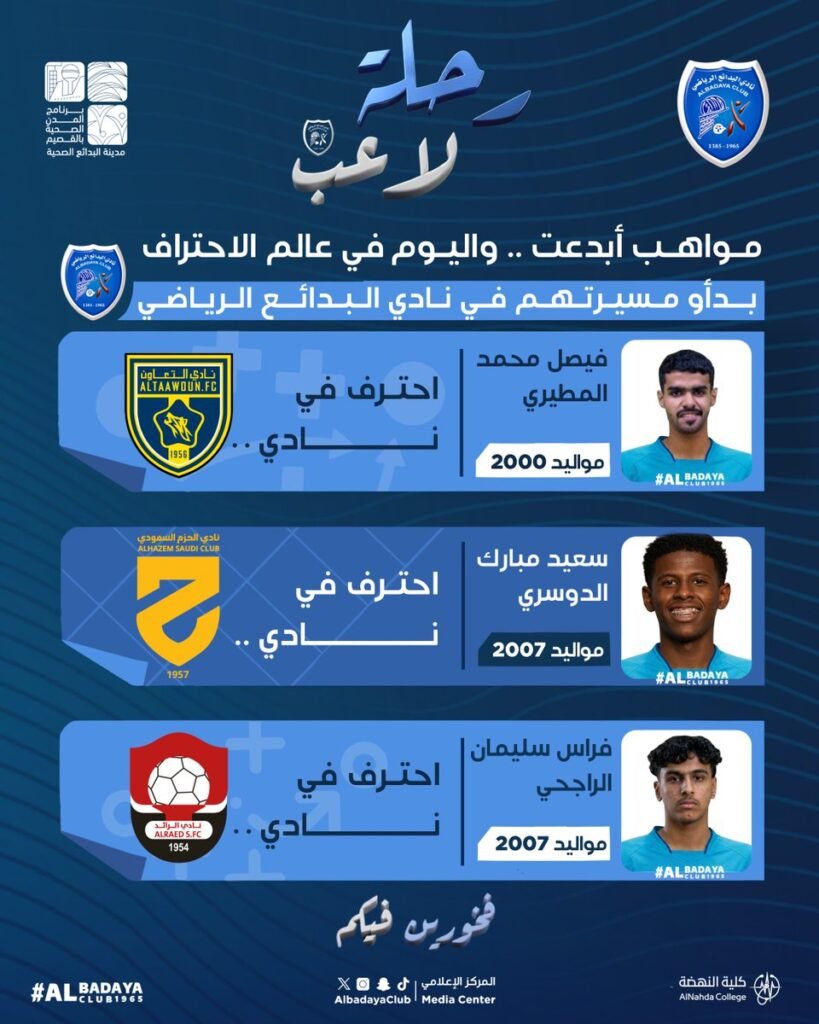 من معقل بدأت الحكاية ومن طموح أبنائنا صُنع النجاح فخورون بنجومنا الأبطال الذين كانت انطلاقتهم الكروية الأولى من ناديهم " البدائع " واليوم يواصلون التألق والإبداع في الملاعب الرياضية سيبقى البدائع دائماً منبعاً للمواهب ومصنعاً للأجيال الواعدة