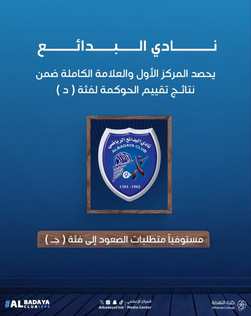 نعتز بتحقيقنا المركز الأول والعلامة الكاملة ضمن نتائج تقييم الحوكمة للأندية الرياضية خلال الموسم الرياضي 2026/2025 م و الصعود من الفئة (د ) إلى الفئة ( ج ) وهذه الخطوة تعكس التزامنا في نادي البدائع لأن نكون روادًا في تطبيق أعلى معايير وممارسات الحوكمة تحقيقًا للاستدامة.