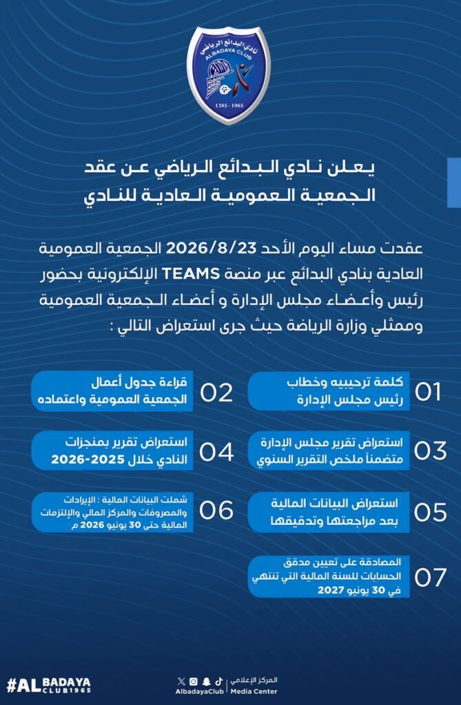 يعلن نادي البدائع عن عقد الجمعية العمومية العادية للعام المالي 2025-2026 م والتي عُقدت يوم الأحد 2026/8/23 م عند الساعه السادسة مساءّ عبر تطبيق TEAMS .